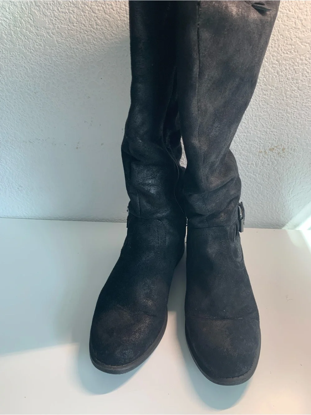 WHIT Black Over-the-Knee Suede Boots with Ankle Buckle